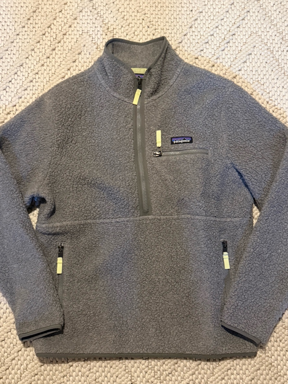 Patagonia Retro Pile Gray Sherpa Fleece Jacket with Neon Pulls